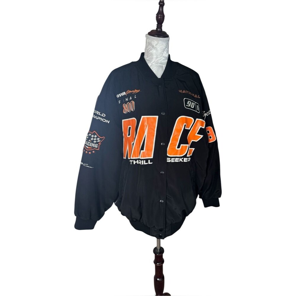 H&M Divided black and orange racing bomber jacket featuring bold "RACE"